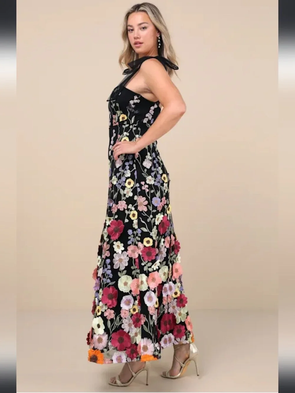 Lulus Thriving Poise Black 3D Floral Embroidered Tie-Strap Maxi Dress - Picture 13 of 16